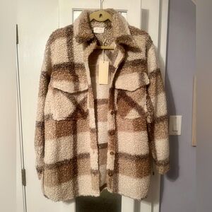 Allie Rose Sherpa Plaid Shacket - Cream & Brown